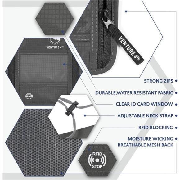 4TH Passport Holder Neck Wallet with RFID Blocking Nylon Lining - Picture 12 of 14